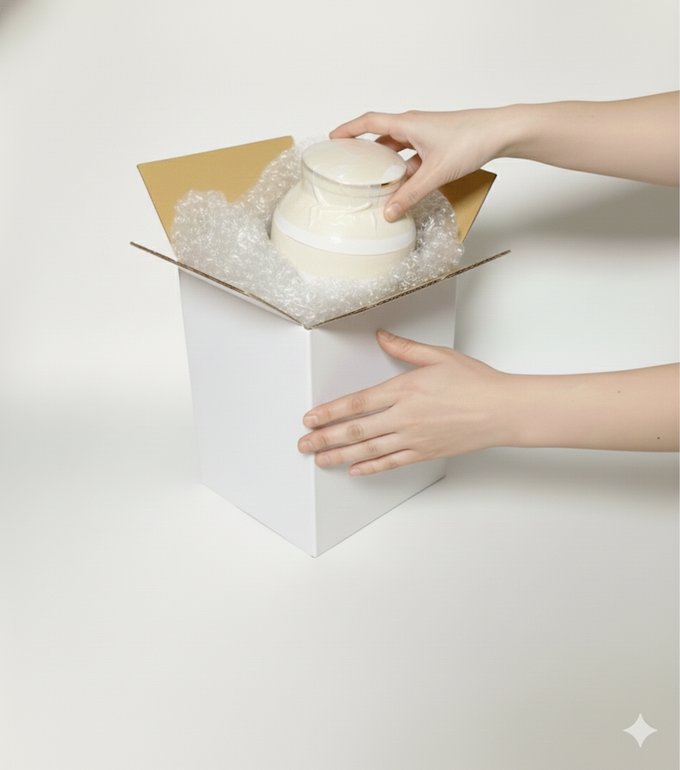 郵送キットに骨壷を詰めて返送する